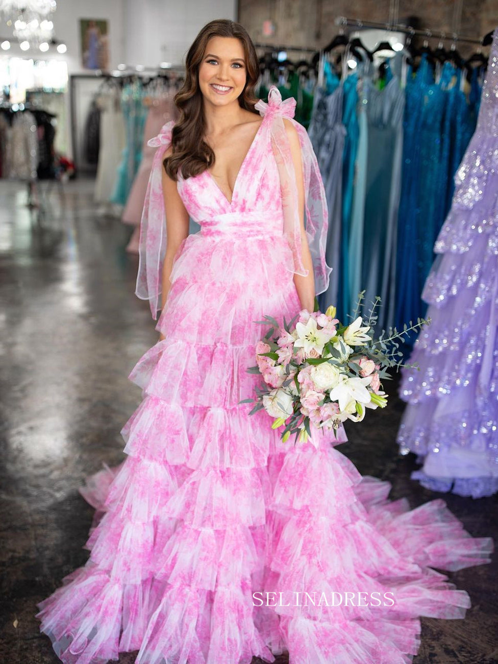 A-line Pink Floral Bow Tie Straps Layers Long Prom Dress with Slit lps026 A-line Pink Floral Bow Tie Straps Layers Long Prom Dress with Slit lps026