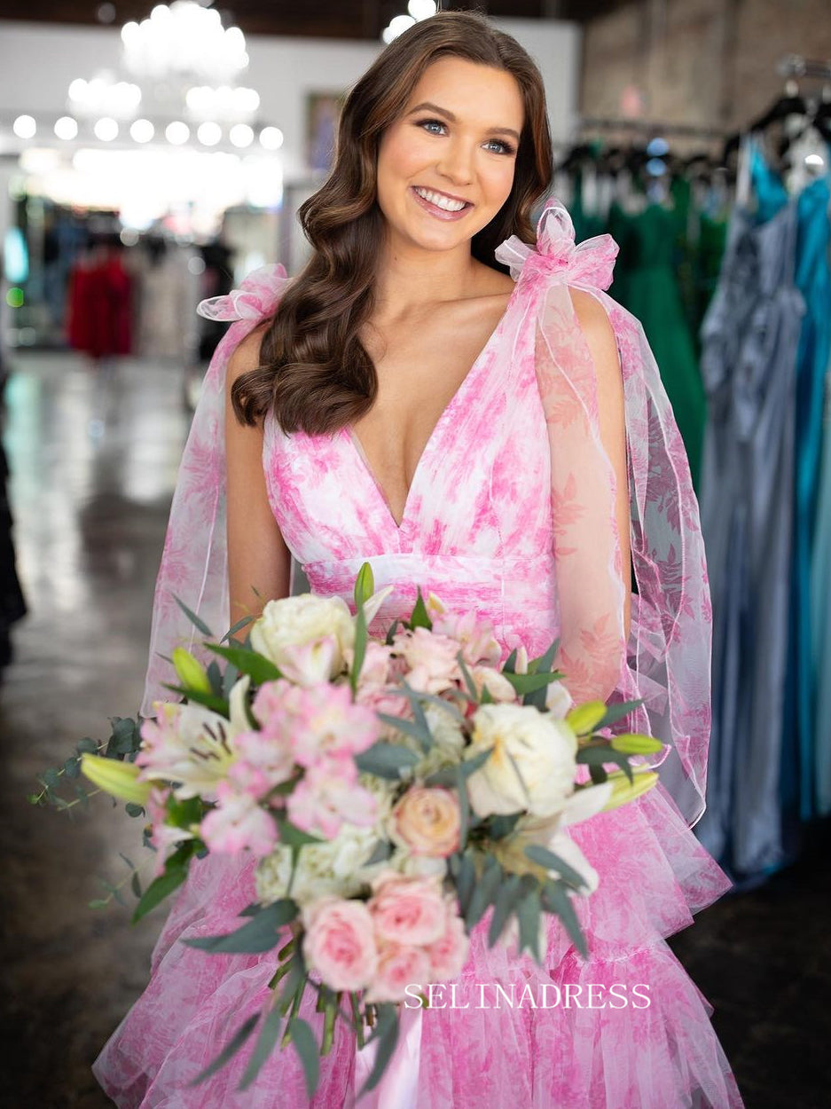 A-line Pink Floral Bow Tie Straps Layers Long Prom Dress with Slit lps SELINADRESS A-line Pink Floral Bow Tie Straps Layers Long Prom Dress with Slit lps SELINADRESS