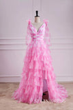 A-line Pink Floral Bow Tie Straps Layers Long Prom Dress with Slit lps026|Selinadress