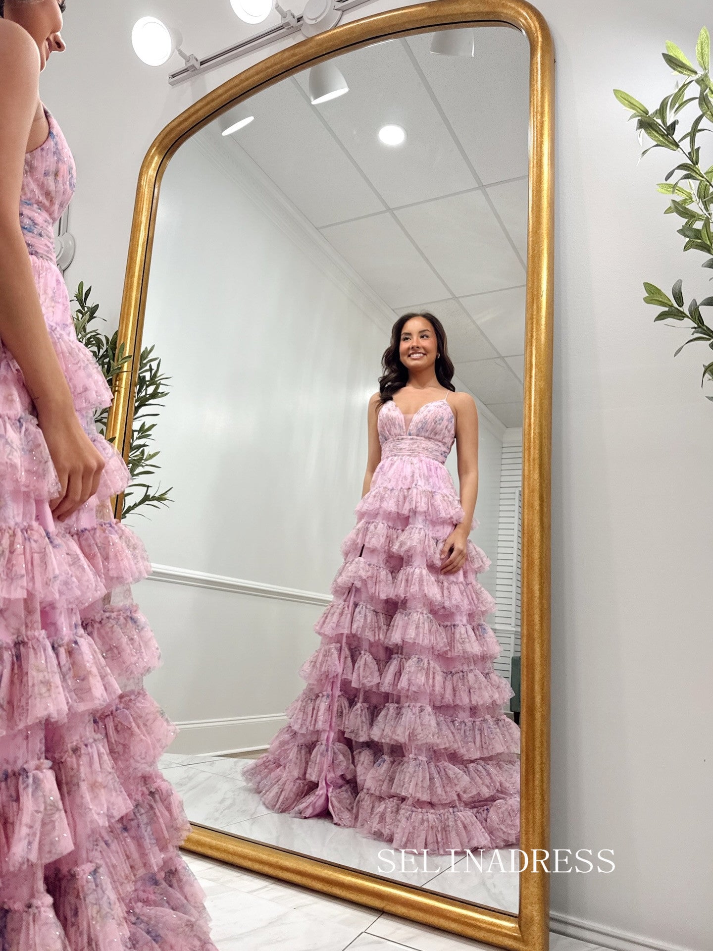 A-line Pink Floral Spaghetti Straps Long Prom Dresses Multi-layered Evening Dresses SEA300|Selinadress