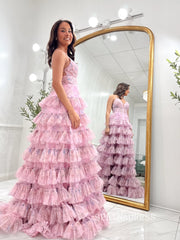 A-line Pink Floral Spaghetti Straps Long Prom Dresses Multi-layered Evening Dresses SEA300|Selinadress