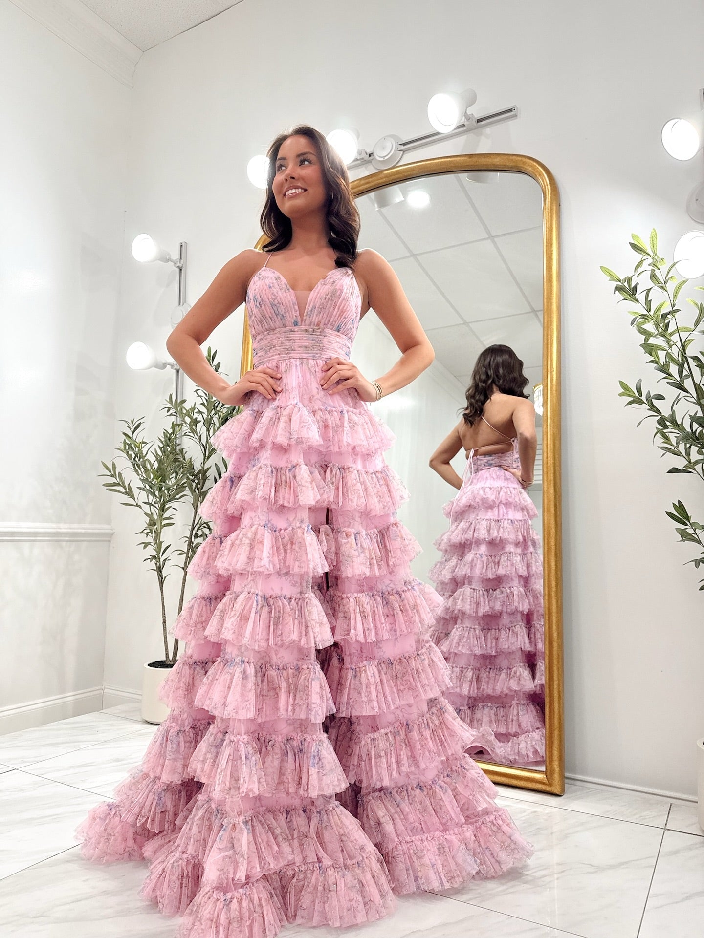 A-line Pink Floral Spaghetti Straps Long Prom Dresses Multi-layered Evening Dresses SEA300|Selinadress