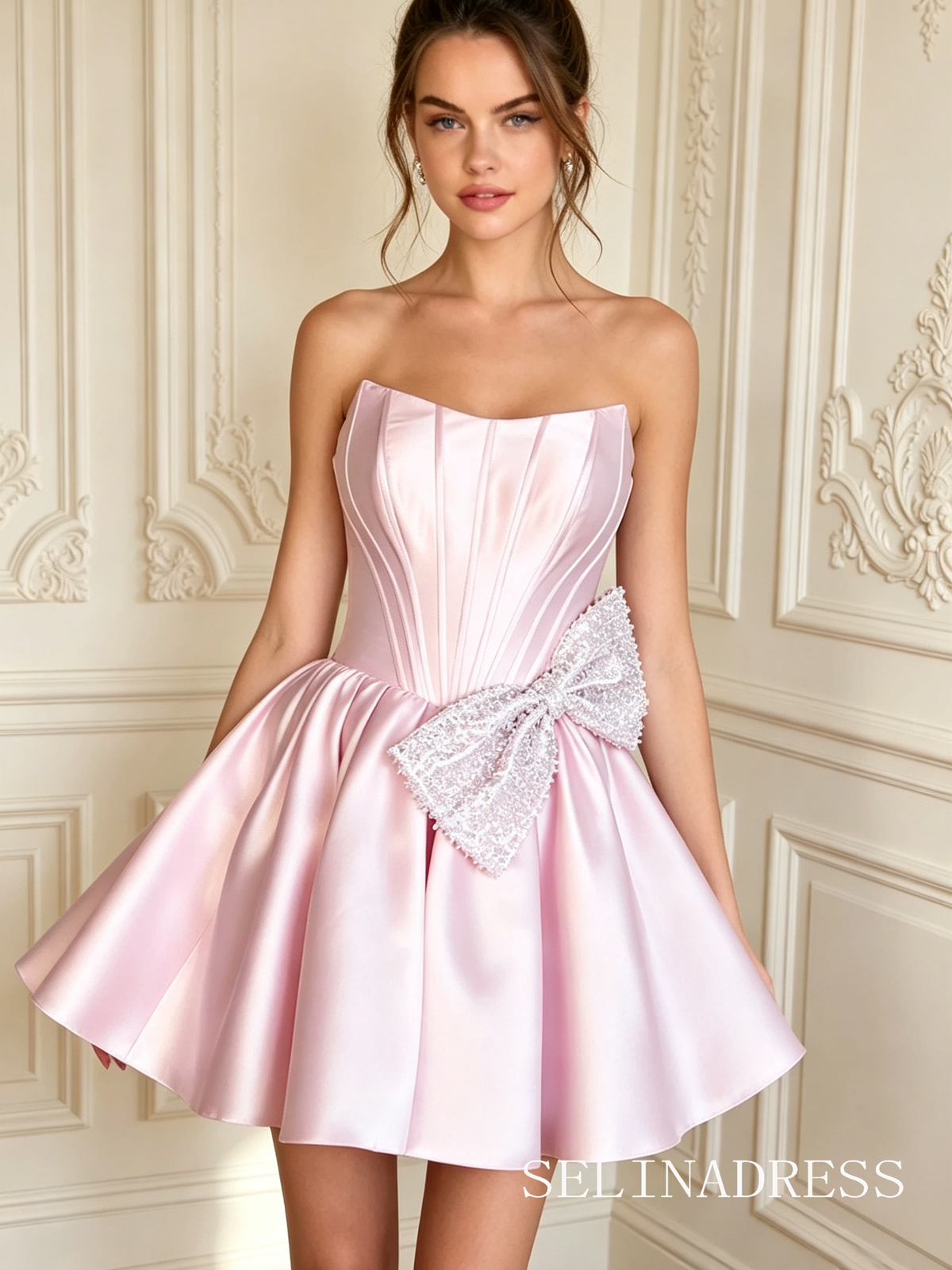 A-line Pink Sweetheart Satin Homecoming Dress With Bow TTL004