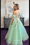 A-Line Plunge V Appliques Long Prom Dress with Detachable Sleeves sew1051|Selinadress