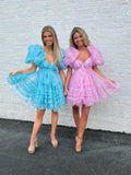 A-line Puff Sleeve Beautiful Short Prom Dress Tulle Homecoming Dress sea017|Selinadress