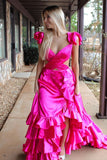 A-line Red Ruffled Crossed Top Hi-Low Layers Long Prom Dress lpk155|Selinadress