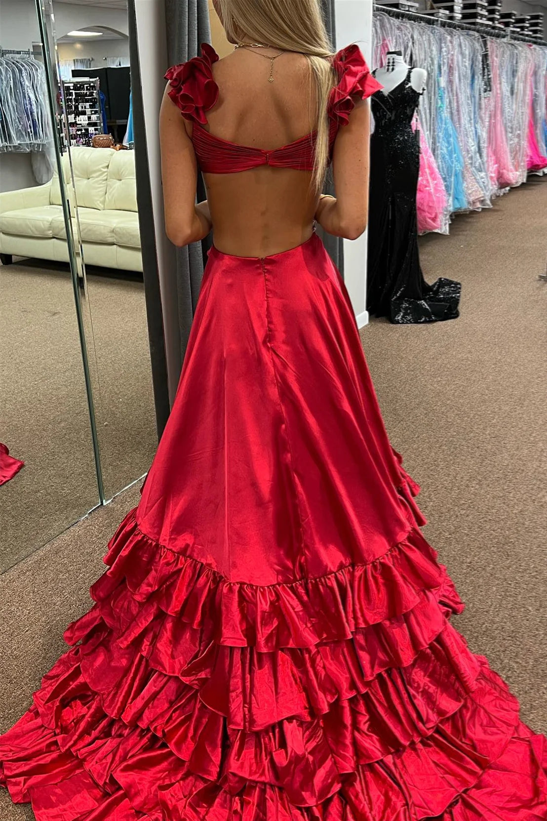 A-line Red Ruffled Crossed Top Hi-Low Layers Long Prom Dress lpk155 SELINADRESS A-line Red Ruffled Crossed Top Hi-Low Layers Long Prom Dress lpk155 SELINADRESS