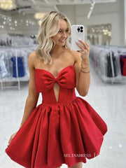 A-line Red Satin Strapless Short Prom Dress Homecoming Dress With Bow #TKL615|Selinadress