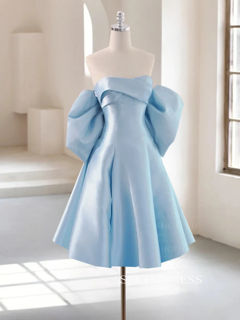 A-Line Satin Blue Short Prom Dress Simple Homecoming Dress #TKL2119 SELINADRESS A-Line Satin Blue Short Prom Dress Simple Homecoming Dress #TKL2119 SELINADRESS