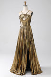 A-line Satin Gold Halter Twist Knot Long Prom Dress with Slit lps025