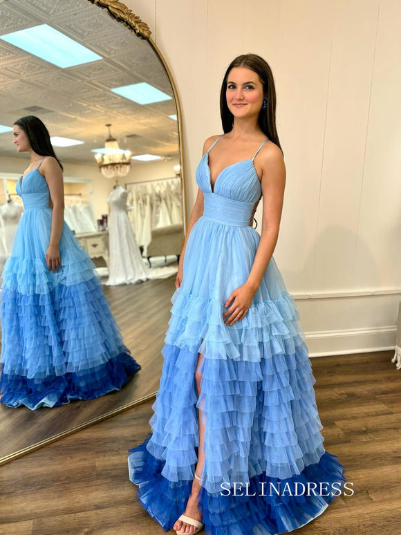 A-line Sky Blue Ombre Tiered Tulle Long Prom Dress With Slit SEW1152|Selinadress