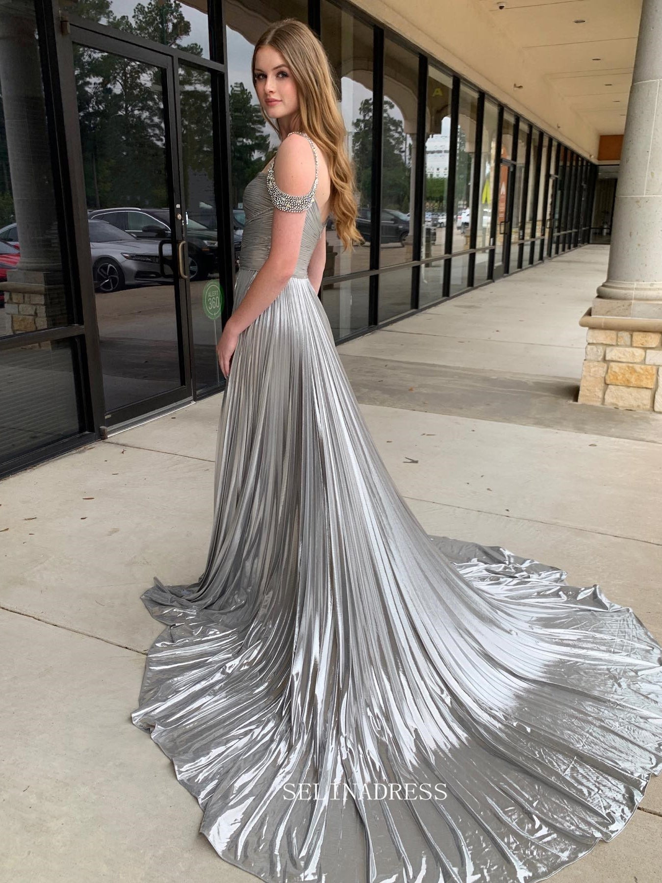 A-line Silver Metallic Dress Ruffles Long Prom Dress With Slit sew1063 SELINADRESS A-line Silver Metallic Dress Ruffles Long Prom Dress With Slit sew1063 SELINADRESS