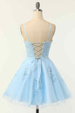A-line Spaghetti Straps Appliqued Short Prom Dress Light Sky Blue Homecoming Dress kts077|Selinadress