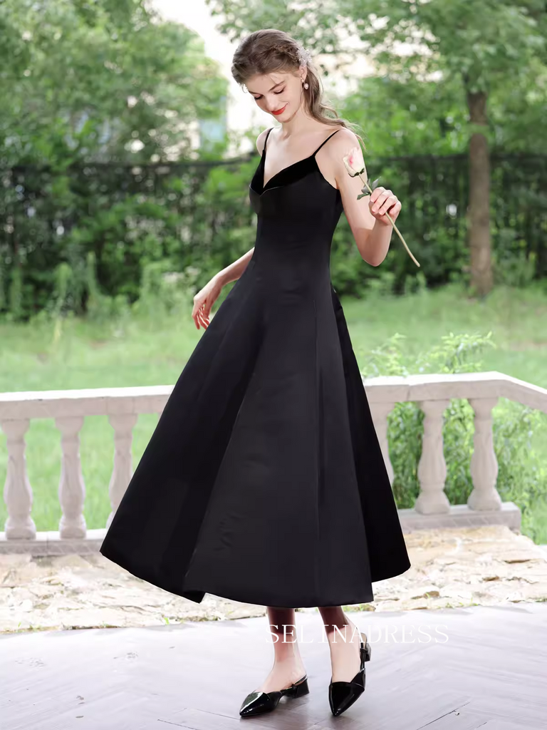 A-line Spaghetti Straps Black Prom Dress Tea Length Princess Dresses T SELINADRESS A-line Spaghetti Straps Black Prom Dress Tea Length Princess Dresses T SELINADRESS