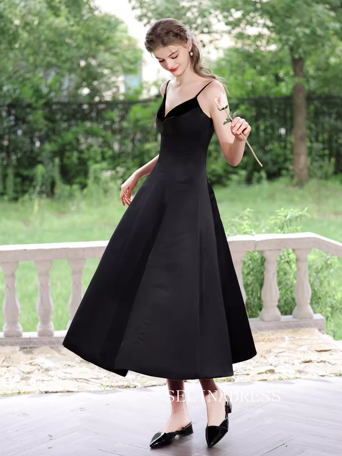 A-line Spaghetti Straps Black Prom Dress Tea Length Princess Dresses T – SELINADRESS