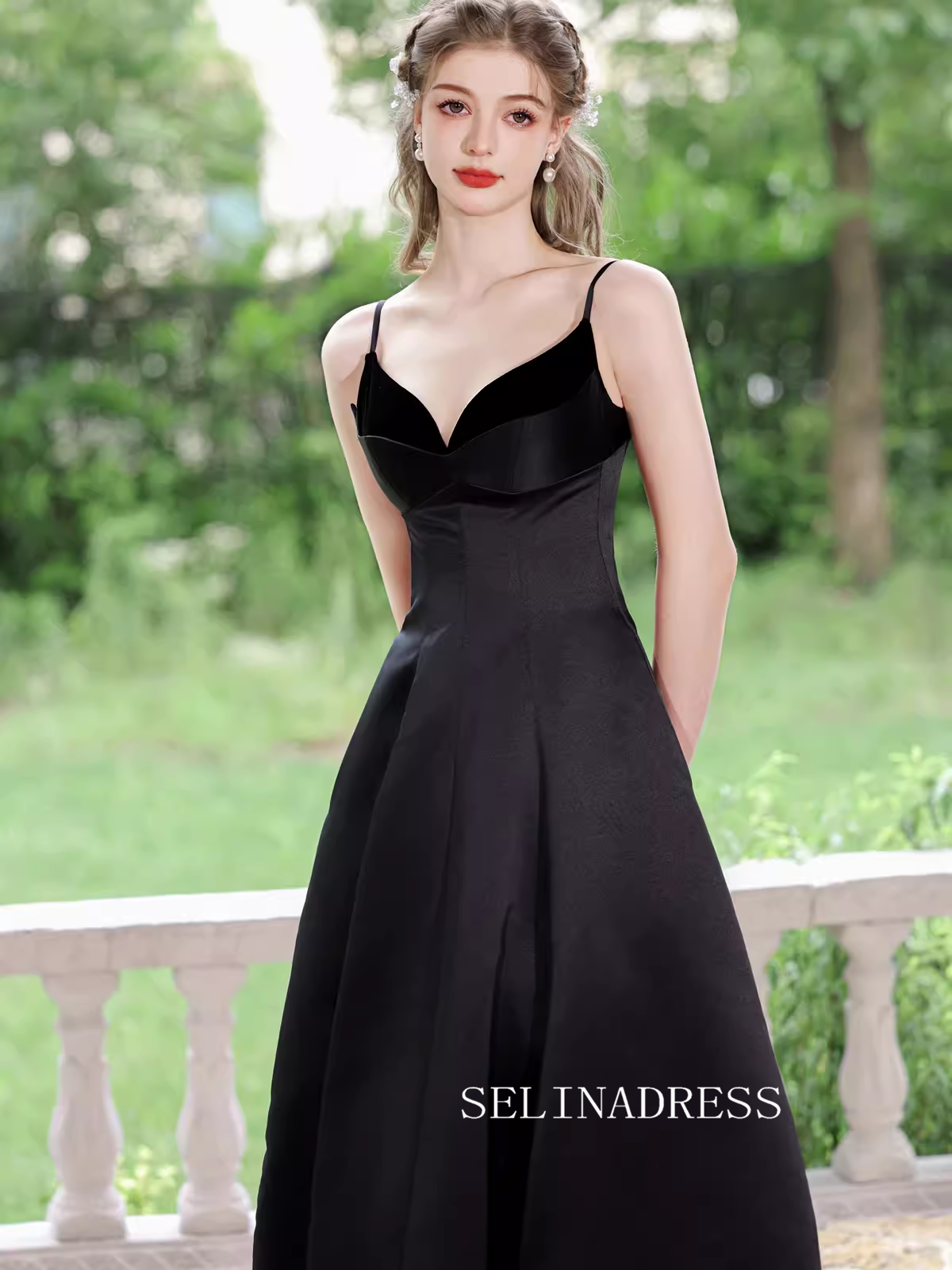 A-line Spaghetti Straps Black Prom Dress Tea Length Princess Dresses T SELINADRESS A-line Spaghetti Straps Black Prom Dress Tea Length Princess Dresses T SELINADRESS