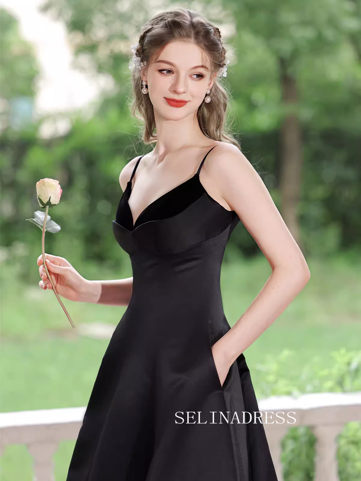 A-line Spaghetti Straps Black Prom Dress Tea Length Princess Dresses T SELINADRESS A-line Spaghetti Straps Black Prom Dress Tea Length Princess Dresses T SELINADRESS