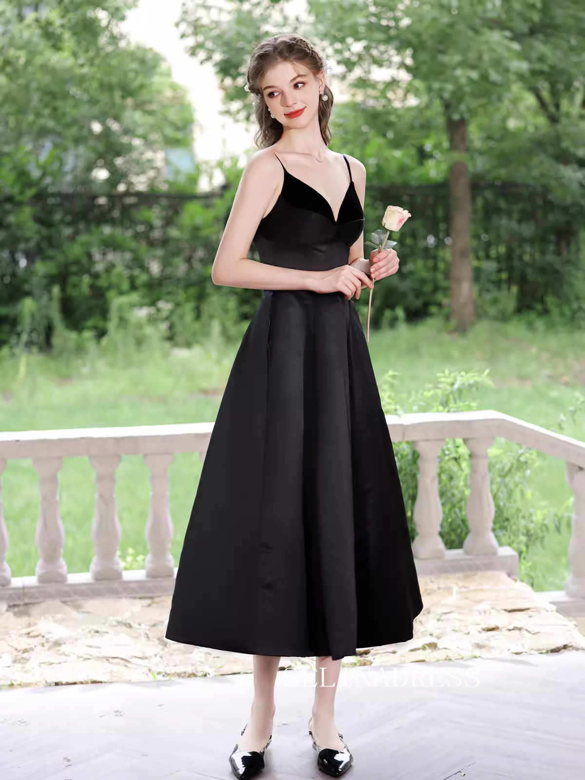 A-line Spaghetti Straps Black Prom Dress Tea Length Princess Dresses T SELINADRESS A-line Spaghetti Straps Black Prom Dress Tea Length Princess Dresses T SELINADRESS