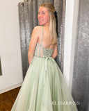 A-line Spaghetti Straps Cheap Beaded Tulle Long Prom Dress Evening Dress lpk919|Selinadress