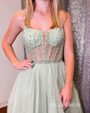 A-line Spaghetti Straps Cheap Beaded Tulle Long Prom Dress Evening Dress lpk919|Selinadress