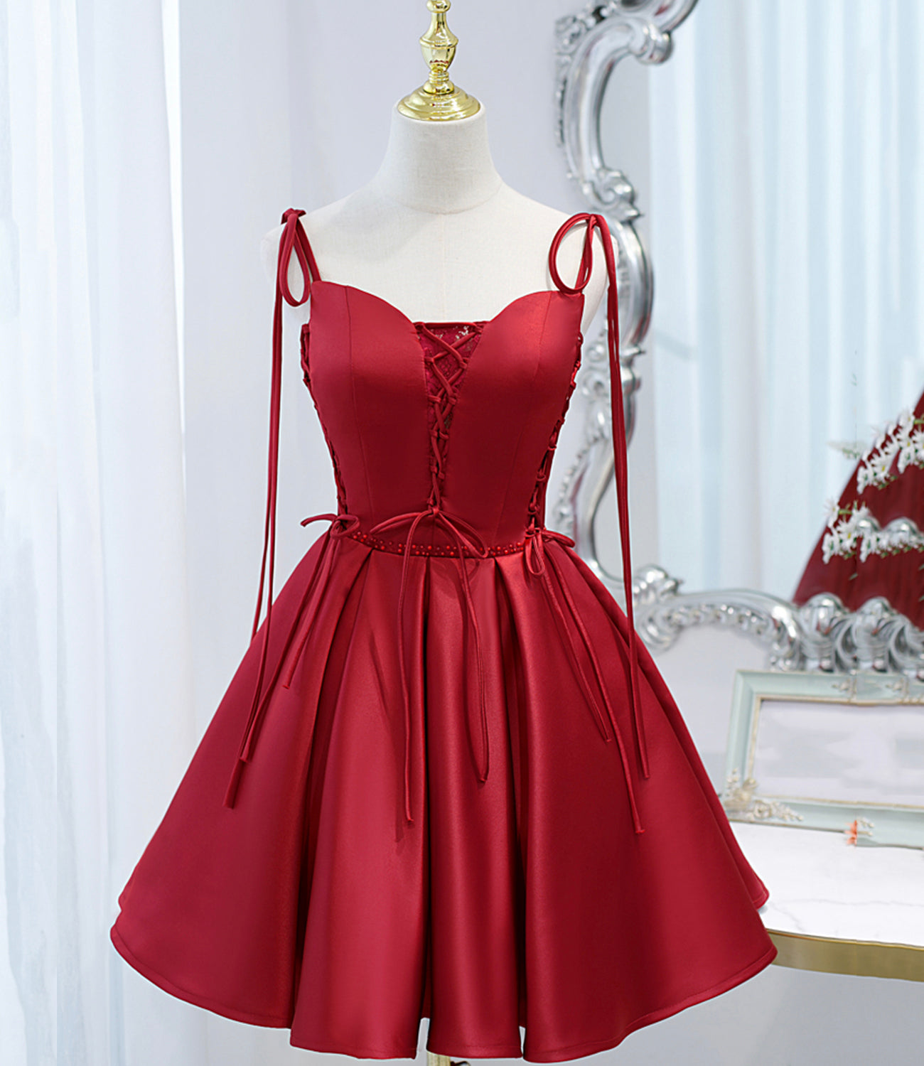 red spaghetti strap homecoming dress Red Lace High Low Homecoming Dresses Spaghetti Strap Satin Prom Dress ARD1747
