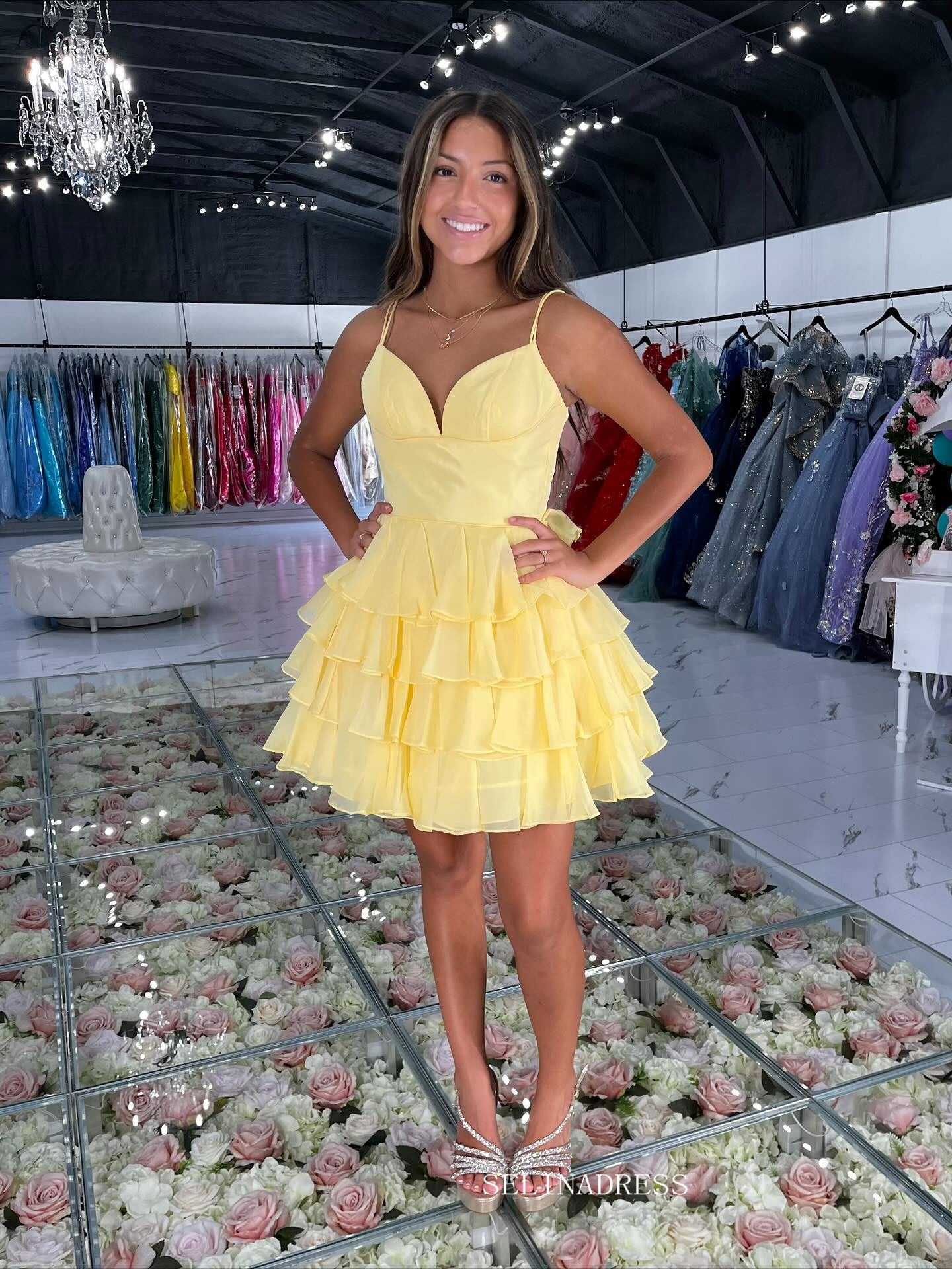 A-line Spaghetti Straps Chiffon Tiered Short Prom Dress Homecoming Dress #TKL608|Selinadress