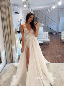 A-line Spaghetti Straps Lace Wedding Dress Rustic Country Wedding Dresses #KOP081|Selinadress