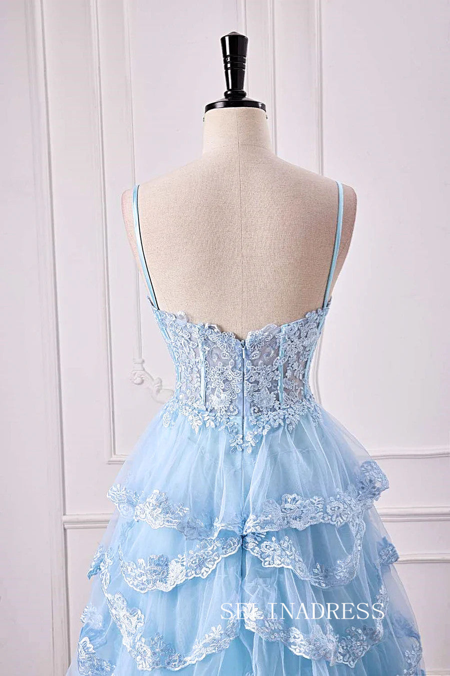A-Line Spaghetti Straps Light Blue Floral Layers Long Prom Dress with SELINADRESS A-Line Spaghetti Straps Light Blue Floral Layers Long Prom Dress with SELINADRESS
