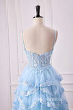 A-Line Spaghetti Straps Light Blue Floral Layers Long Prom Dress with Slit lps028|Selinadress
