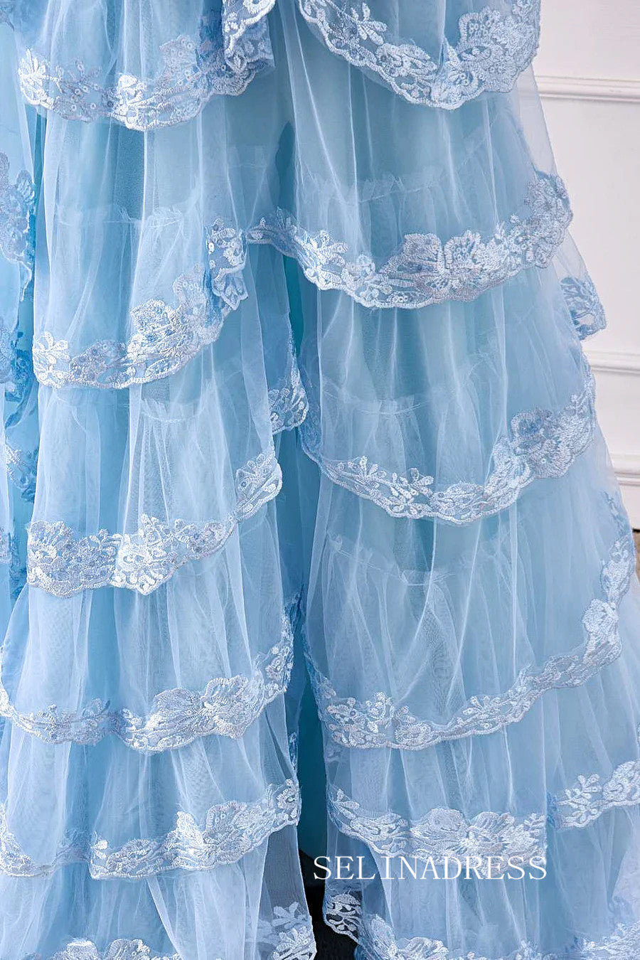 A-Line Spaghetti Straps Light Blue Floral Layers Long Prom Dress with SELINADRESS A-Line Spaghetti Straps Light Blue Floral Layers Long Prom Dress with SELINADRESS