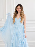 A-line Spaghetti Straps Light Sky Blue Chiffon Long Prom Dress sew1030|Selinadress