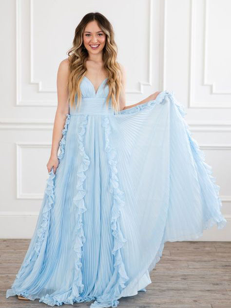 A-line Spaghetti Straps Light Sky Blue Chiffon Long Prom Dress sew1030|Selinadress