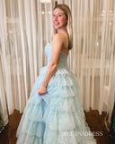 A-line Spaghetti Straps Light Sky Blue Ruffles Tulle Long Prom Dress lpk920|Selinadress