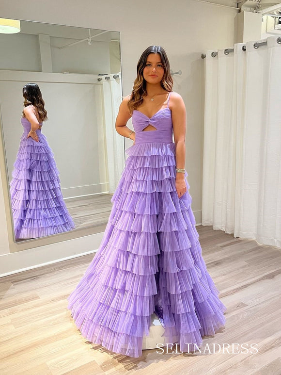 A-line Spaghetti Straps Lilac Ruched Tiered Prom Gown With Slit lpk936|Selinadress