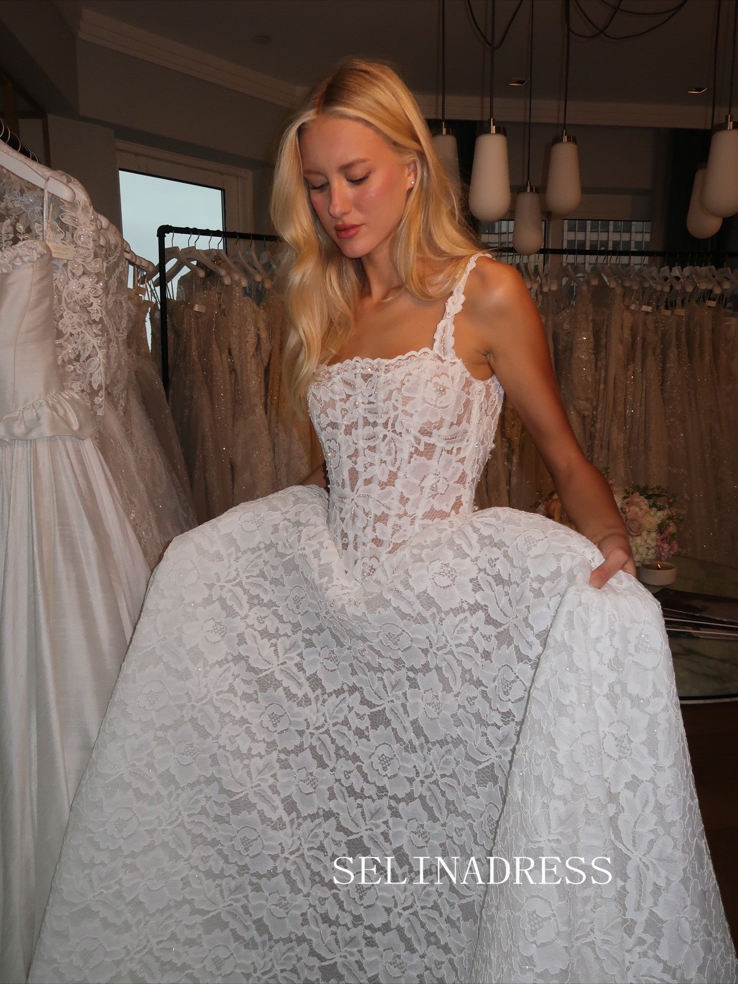 A-line Spaghetti Straps Rustic Lace Wedding Dresses White Bridal Gowns SEA136|Selinadress