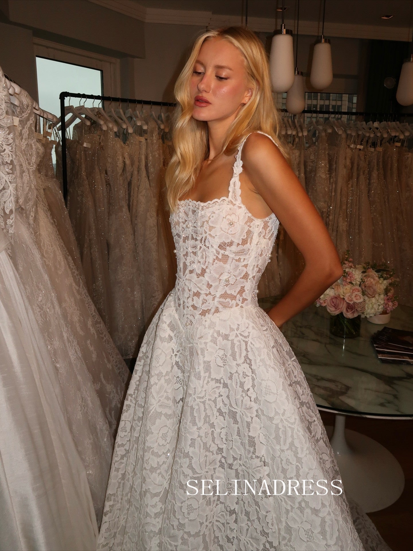 A-line Spaghetti Straps Rustic Lace Wedding Dresses White Bridal Gowns SEA136|Selinadress