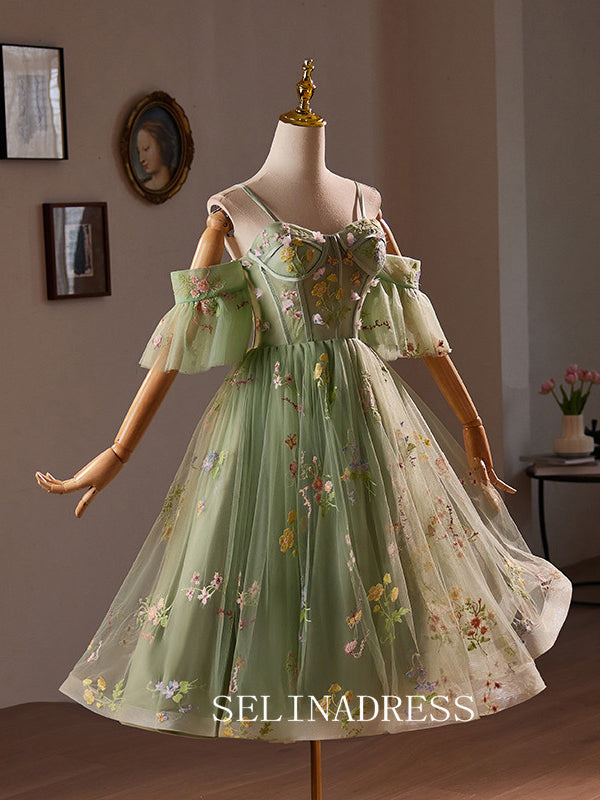 A-Line Spaghetti Straps Sage Homecoming Dress Floral Tulle Cocktail Dresses #GRK034|Selinadress