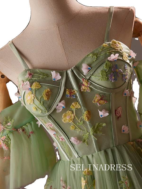 A-Line Spaghetti Straps Sage Homecoming Dress Floral Tulle Cocktail Dresses #GRK034|Selinadress