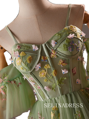 A-Line Spaghetti Straps Sage Homecoming Dress Floral Tulle Cocktail Dresses #GRK034|Selinadress