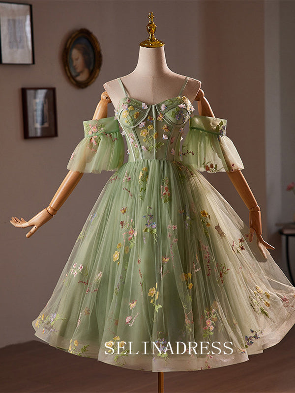 A-Line Spaghetti Straps Sage Homecoming Dress Floral Tulle Cocktail Dresses #GRK034|Selinadress