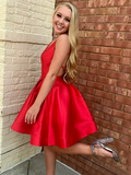 A-line Spaghetti Straps Short Prom Dress Red Satin Homecoming Dress kts095|Selinadress