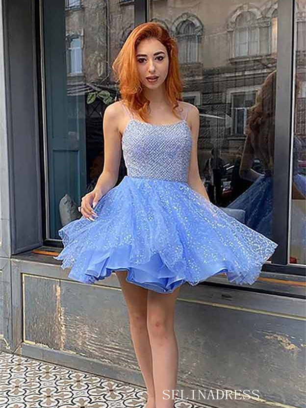 A-line Spaghetti Straps Sparkly Beaded Blue Homecoming Dress #EWR714 SELINADRESS A-line Spaghetti Straps Sparkly Beaded Blue Homecoming Dress #EWR714 SELINADRESS