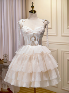 A-line Spaghetti Straps Sweetheart White Short Prom Dress Juniors Cute Homecoming Dresses KTS003|Selinadress