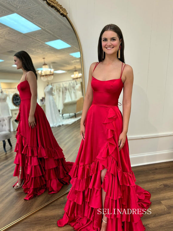 A-line Spaghetti Straps Tiered Red Long Prom Dress With Slit SEW1153