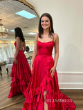 A-line Spaghetti Straps Tiered Red Long Prom Dress With Slit SEW1153|Selinadress