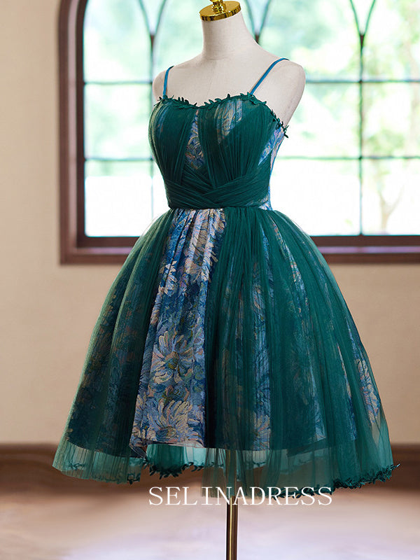 A-Line Spaghetti Straps Tulle Homecoming Dress Green Cocktail Dresses #GRK037|Selinadress