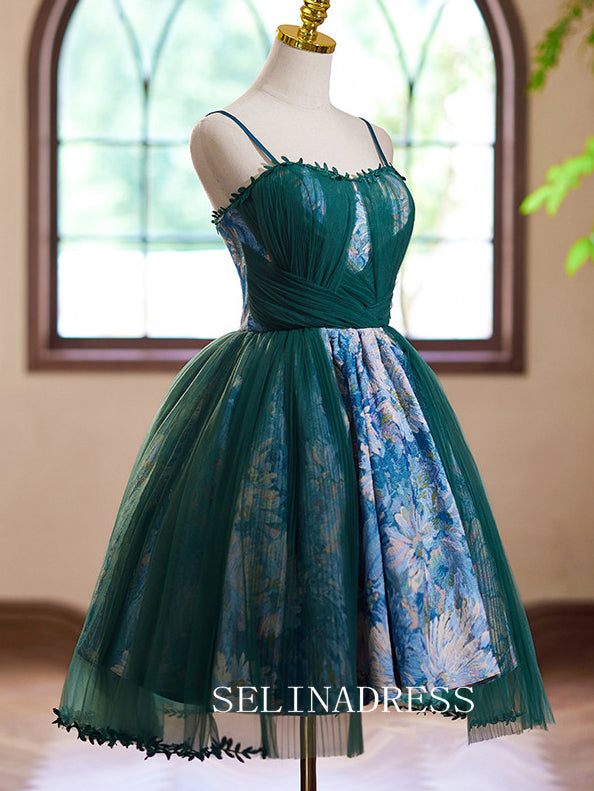A-Line Spaghetti Straps Tulle Homecoming Dress Green Cocktail Dresses #GRK037|Selinadress