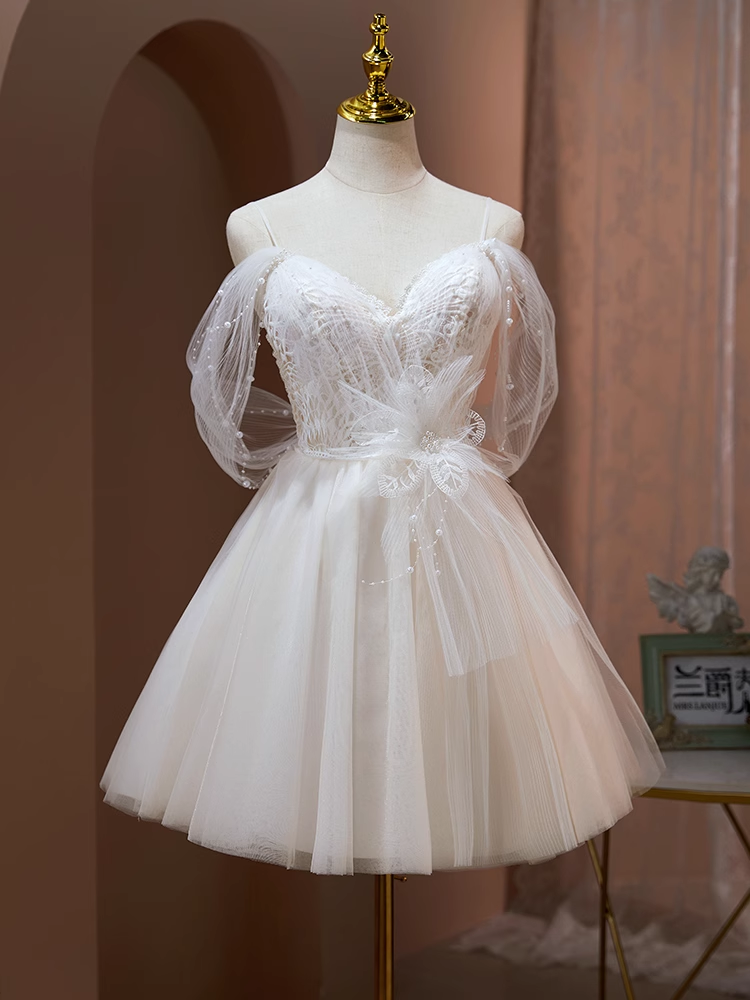 A-line Spaghetti Straps Unique White Short Prom Dress Juniors Cute Hom – SELINADRESS