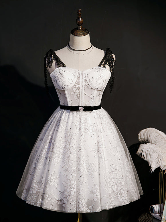 A-line Spaghetti Straps Unique White Short Prom Dress Juniors Homecoming Dresses kts016|Selinadress