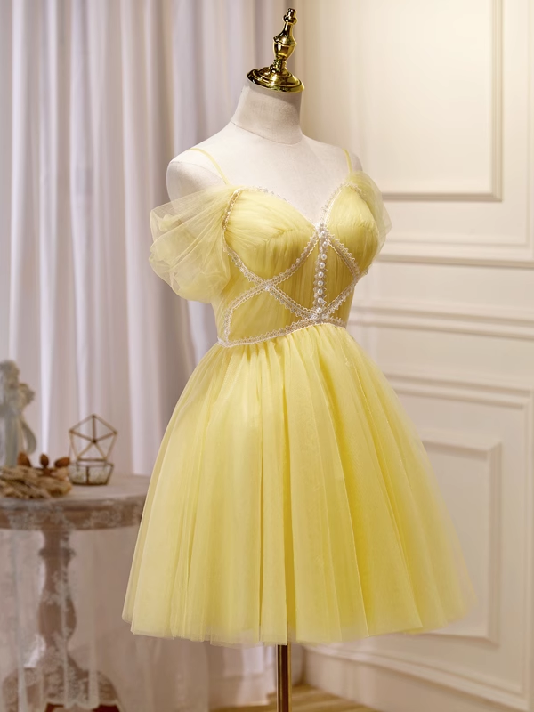 A-line Spaghetti Straps Yellow Short Prom Dress Juniors Cute